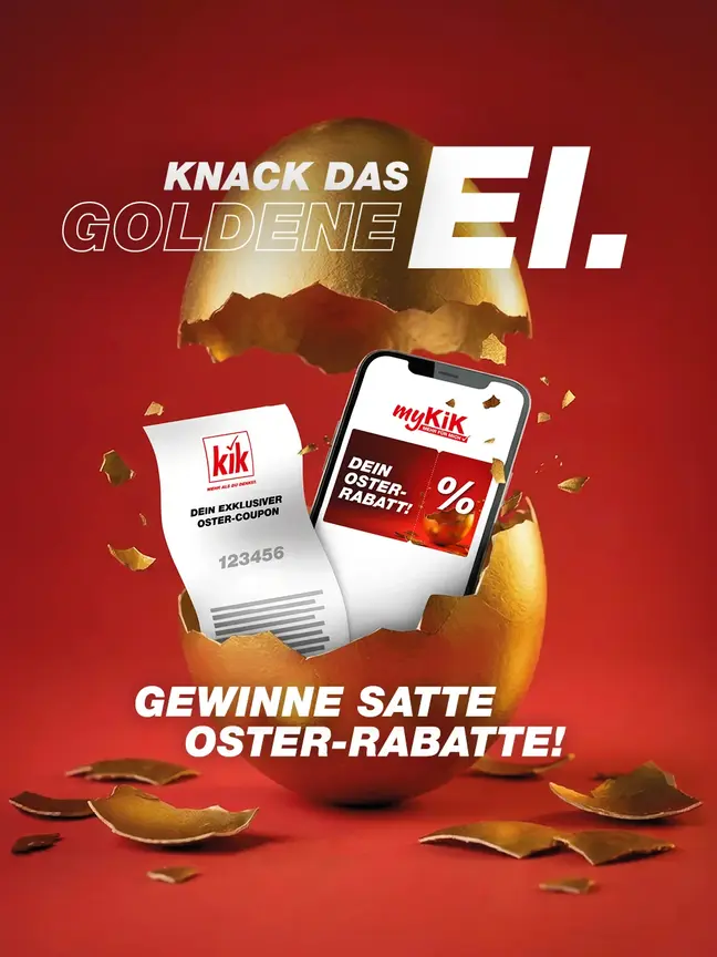 Aufruf zu einer Oster-Rabatt-Aktion mit einem geöffneten goldenen Ei 
