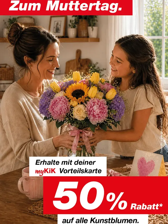 Eine Frau und ein Mädchen befinden sich in der Küche und halten gemeinsamen einen Blumenstrauß.