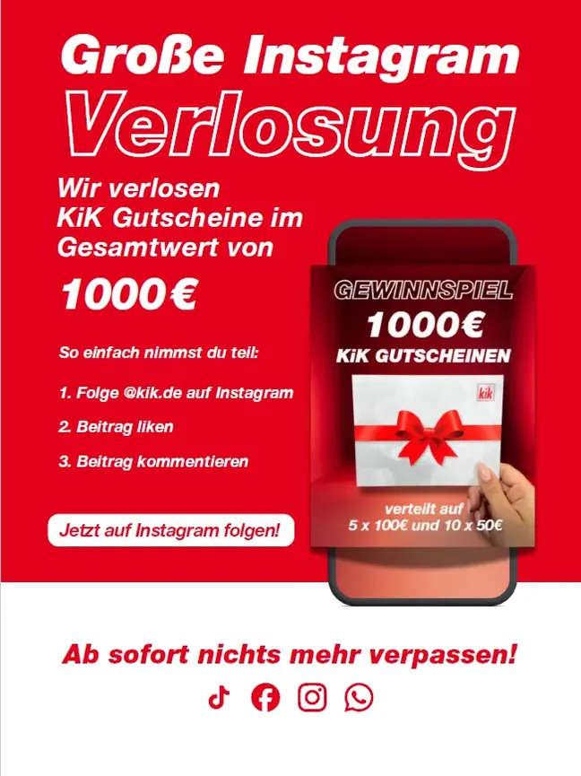 Aufruf zu einer Verlosung von KiK-Wertgutscheinen