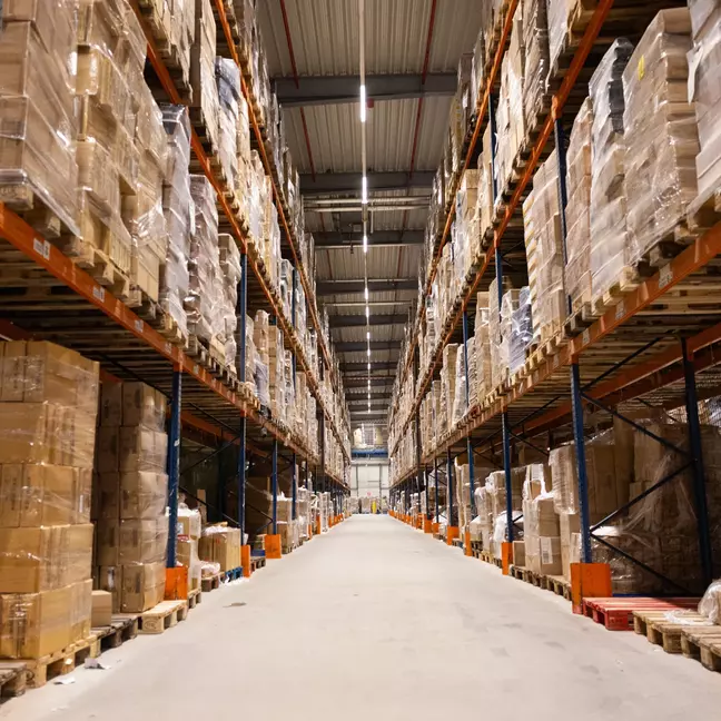 Ein Hochregallager mit eingeräumten Waren in einer Lagerhalle